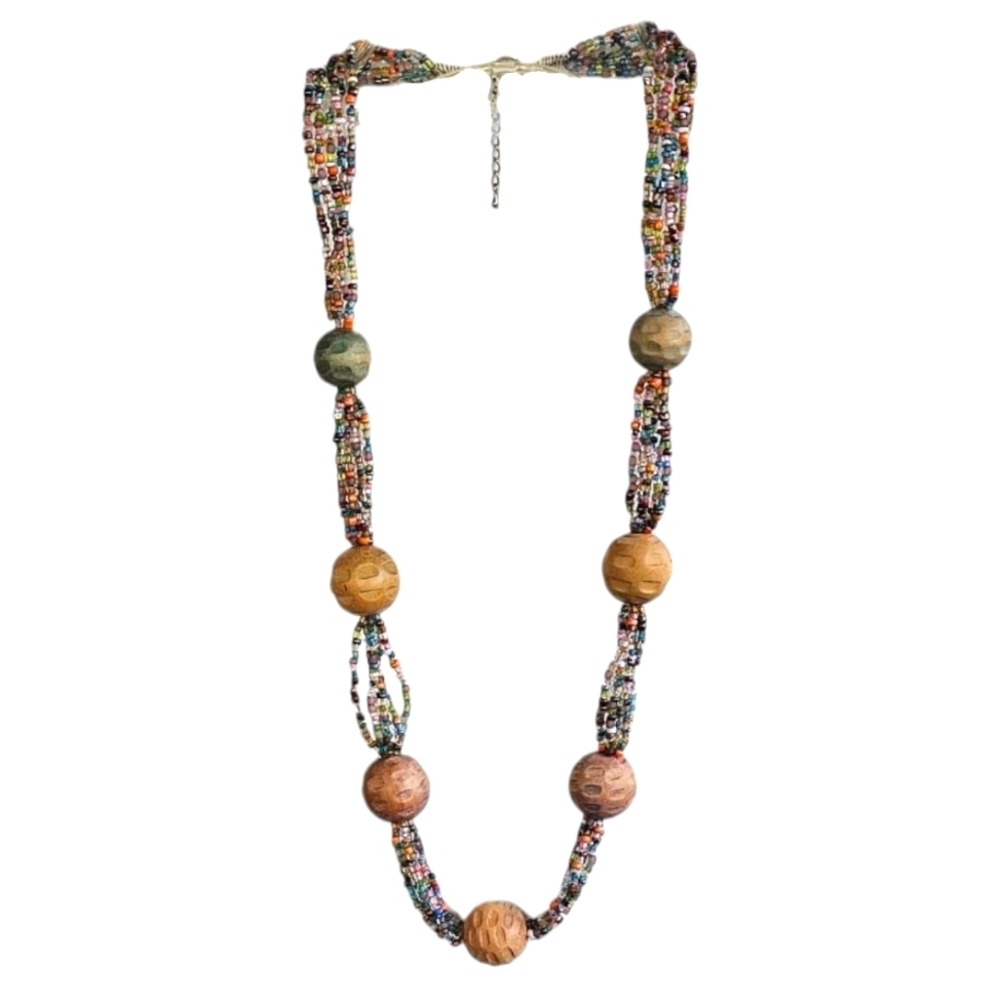 Boho Multicolor Multistrand Beaded Necklace Accented with Large Wooden Beads